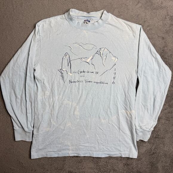 Vintage 80s Climbing Hiking Shirt Gasherbrum IV & Nameless Tower Expedition Sz M - Picture 1 of 8